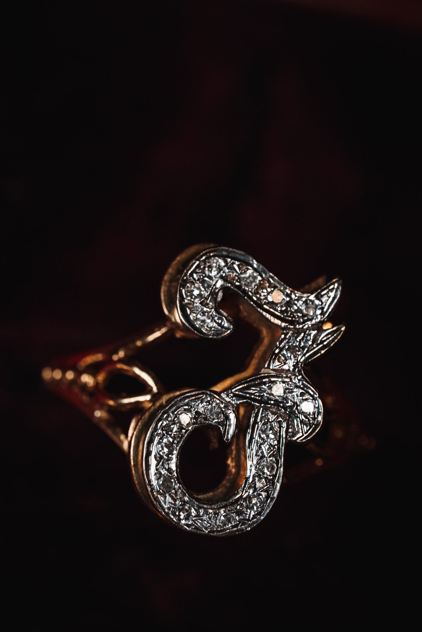 Dual Tone Monogram Ring With Diamonds