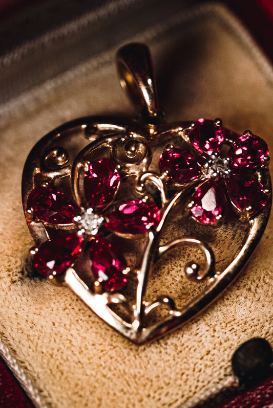 Dazzling Filigree Heart Pendant with Rubies & Diamonds