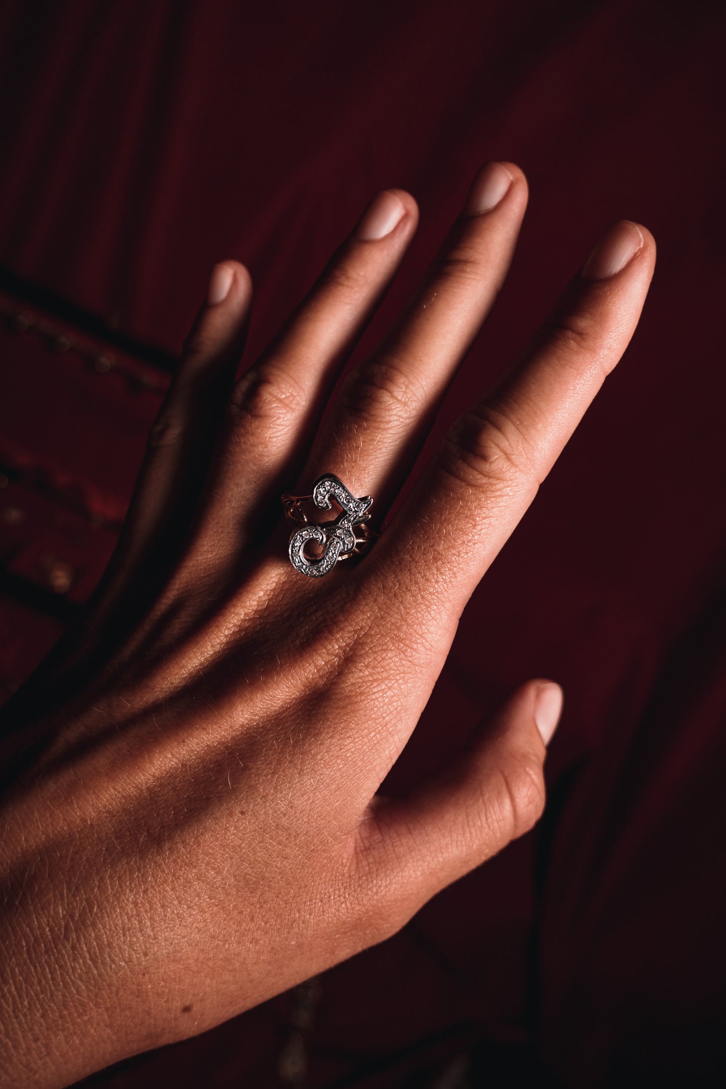 Dual Tone Monogram Ring With Diamonds