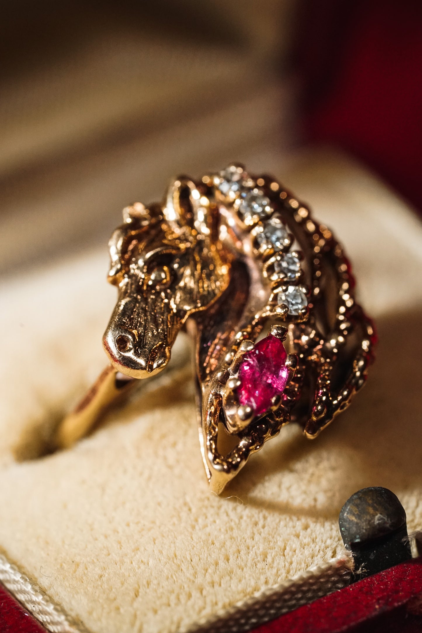 Extraordinary Horse Head Ring with Ruby And Diamonds