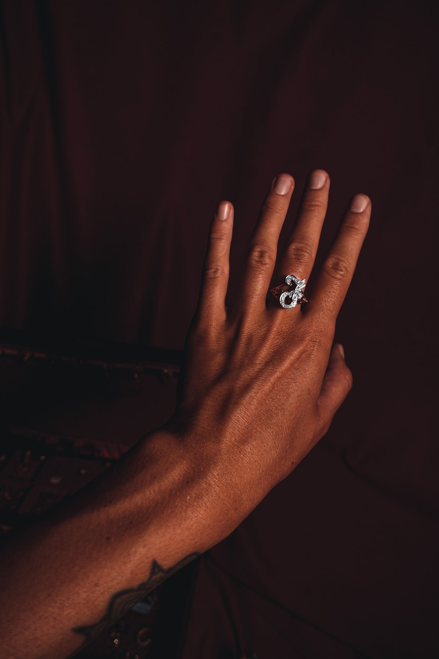Dual Tone Monogram Ring With Diamonds