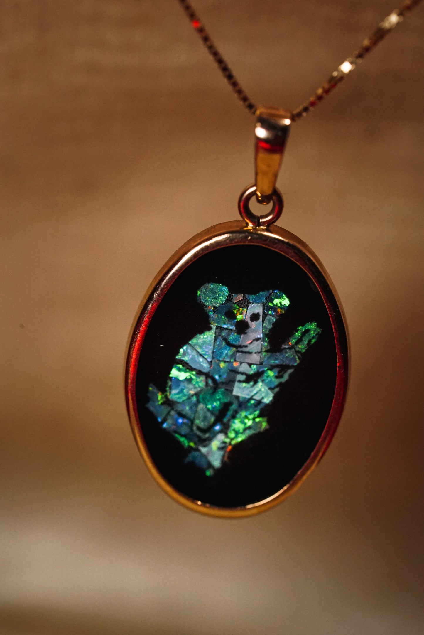 Adorable Koala Necklace with Iridescent Opal Mosaic